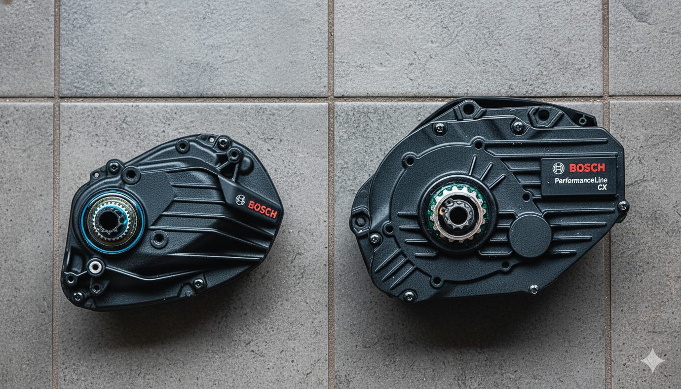 Motor Bosch Gen 2 a la izquierda junto a un Bosch Performance Line CX Gen 4 a la derecha, comparados de frente